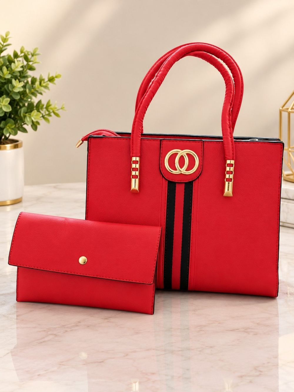 Red Structured Tote Bag with Matching Wallet - Classic Women's Handbag